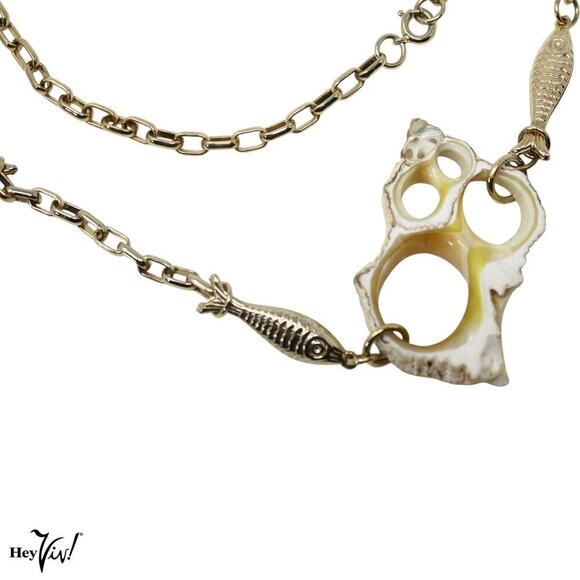 Vintage Necklace Gold Metal Chain Real Shells and Tiny Fish 38" Long - Hey Viv - Picture 6 of 7